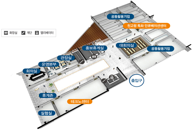 2층 기업지원인프라은 회의실, 운영본부, 센터장실, 홍보휴계실, 공동활용기업, 고령친화 특화 인큐베이션센터 치매기술연구센터,대회의실, 치매예방관리센터, 연구개발실, 개방실험실, 휴계존 등이 있습니다.